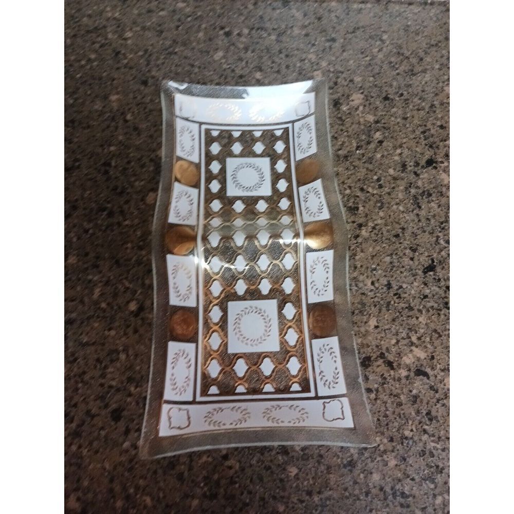 Vintage MCM Helen Luger Valencia Glass Rectangular Serving/Snack Dish White Gold